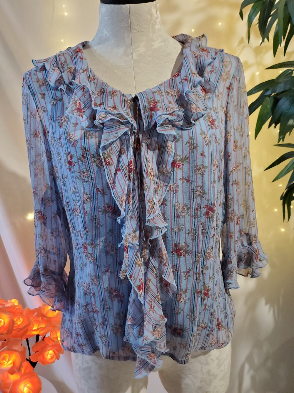 TESS Women's 12 100% Silk Floral Ruffle Cottagecore Button Blouse Tank 2 PC Set